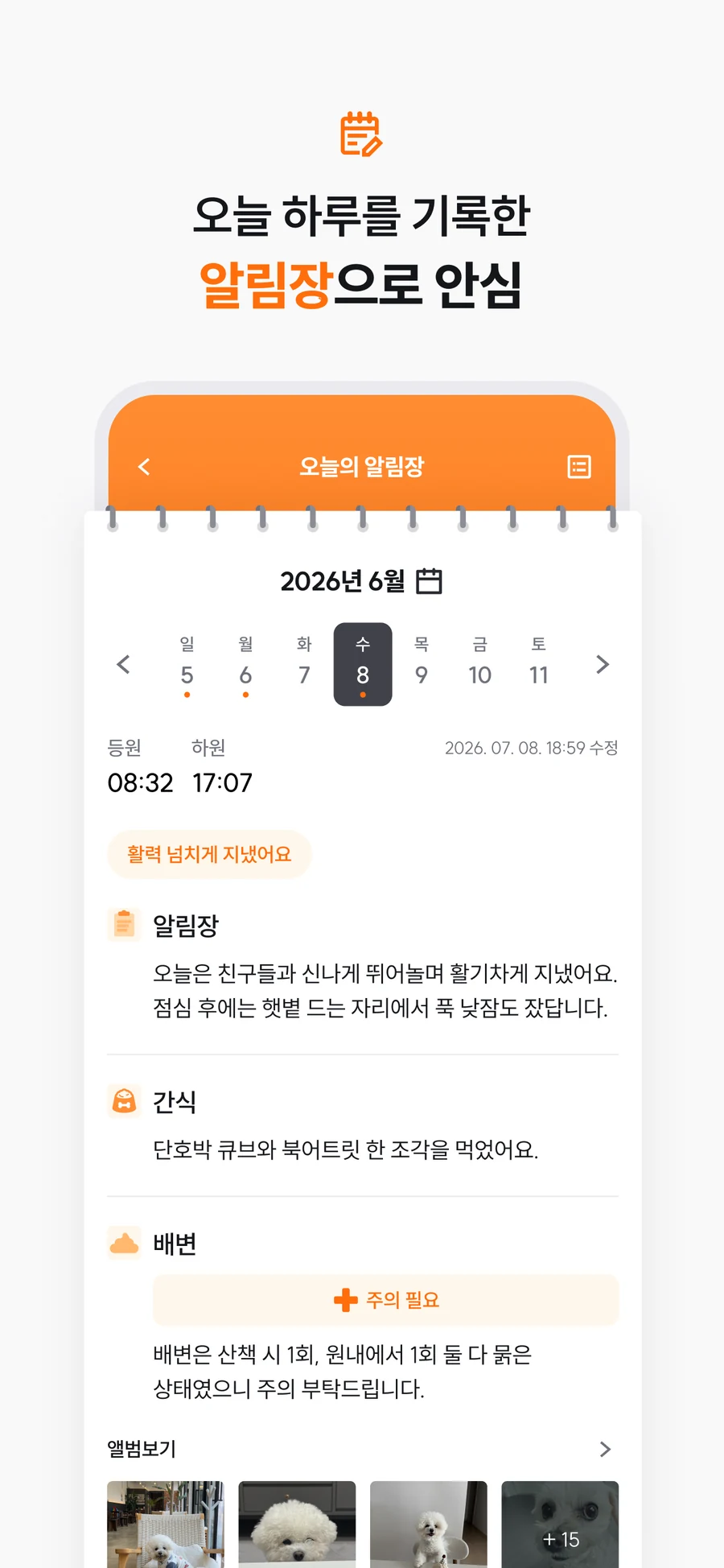 강아지의 하루를 기록한 유치원 알림장 화면